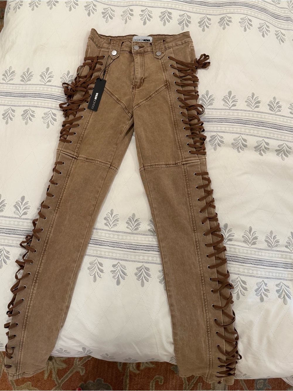 Fashion Nova Khaki Lace-Up Flare Pants - Picture 4 of 7